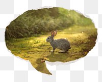 Spring rabbit png animal sticker, ripped paper speech bubble, transparent background