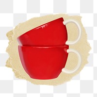 Red ceramic mugs png ripped paper sticker, utensil graphic, transparent background