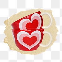 Heart ceramic mugs png ripped paper sticker, utensil graphic, transparent background