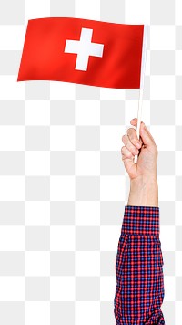 Png Switzerland's flag in hand sticker, national symbol, transparent background