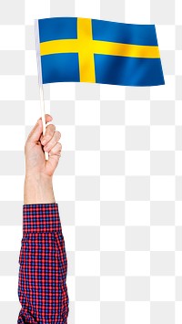 Png Swedish flag in hand sticker, national symbol, transparent background