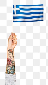 Greece's flag png in tattooed hand sticker on transparent background