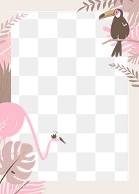 Pastel botanical frame png with tropical flamingo and toucan, transparent background 