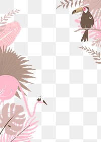 Pink botanical frame png with tropical flamingo, toucan, flamingo and leaves , transparent background 