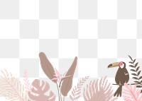 Toucan botanical border png clip art, pink tropical leaves and bird graphic element on transparent background