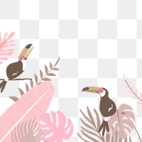 Pink botanical border png, pink tropical leaves toucan birds graphic element on transparent background