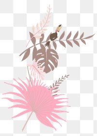 Pink botanical png clip art, aesthetic tropical leaves and bird graphic element on transparent background