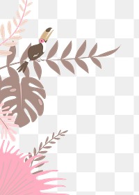 Pink botanical border png, aesthetic tropical leaves and bird graphic element on transparent background