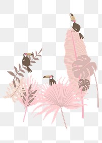 Pink botanical png clip art, aesthetic tropical graphic element with toucans and leaves, transparent background 