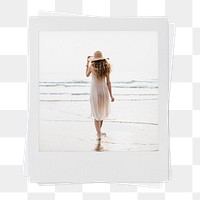 Summer vacation aesthetic png instant photo sticker, woman walking on the beach, transparent background