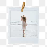 Summer vacation aesthetic png instant photo sticker, woman walking on the beach, transparent background