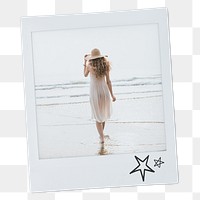 Summer vacation aesthetic png instant photo sticker, woman walking on the beach, transparent background