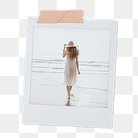 Summer vacation aesthetic png instant photo sticker, woman walking on the beach, transparent background