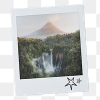 Waterfall mountain png instant photo sticker, nature aesthetic image on transparent background