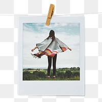 Carefree woman png travel instant photo sticker, standing outdoor, transparent background