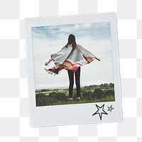 Carefree woman png travel instant photo sticker, standing outdoor, transparent background