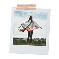 Carefree woman png travel instant photo sticker, standing outdoor, transparent background