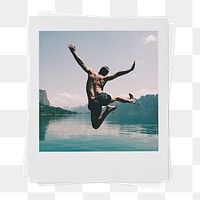 Carefree man png sticker, jumping by the lake, travel instant photo, transparent background