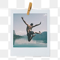 Carefree man png sticker, jumping by the lake, travel instant photo, transparent background