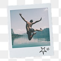 Carefree man png sticker, jumping by the lake, travel instant photo, transparent background