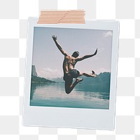 Carefree man png sticker, jumping by the lake, travel instant photo, transparent background