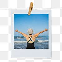 Carefree senior woman png sticker, Summer travel instant photo, transparent background