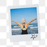 Carefree senior woman png sticker, Summer travel instant photo, transparent background