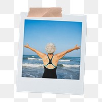 Carefree senior woman png sticker, Summer travel instant photo, transparent background