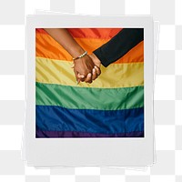 Gay couple png sticker, holding hands instant photo, pride flag image, transparent background