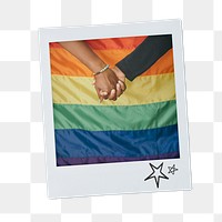 Gay couple png sticker, holding hands instant photo, pride flag image, transparent background