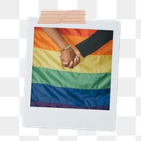 Gay couple png sticker, holding hands instant photo, pride flag image, transparent background