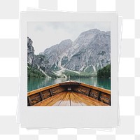 Scenic png mountain lake, wooden boat on the lake instant photo, transparent background