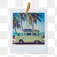 Summer road trip png sticker, travel minivan aesthetic instant photo on transparent background