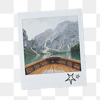 Scenic png mountain lake, wooden boat on the lake instant photo, transparent background