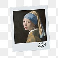 Johannes Vermeer’s png Girl with a Pearl Earring instant photo, transparent background, remixed by rawpixel