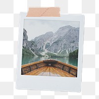 Scenic png mountain lake, wooden boat on the lake instant photo, transparent background