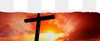 Cross on hill png ripped paper border, transparent background