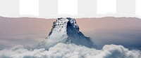 Snowy mountain png, ripped paper border, transparent background