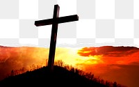 Cross on hill png ripped paper border, transparent background