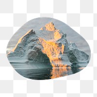 Melting iceberg png badge sticker, climate change photo in blob shape, transparent background