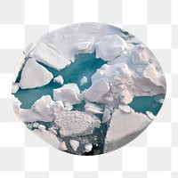 Melting ice png badge sticker, climate change photo in blob shape, transparent background