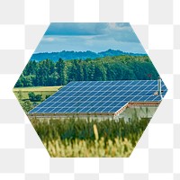 Solar panel png badge sticker, sustainable environment photo in hexagon shape, transparent background