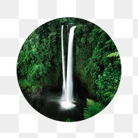 Beautiful waterfall png badge sticker, nature photo, transparent background