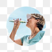 Png senior woman drinking water badge sticker, wellness photo, transparent background