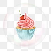 Cherry cupcake png sticker, dessert in bubble, transparent background