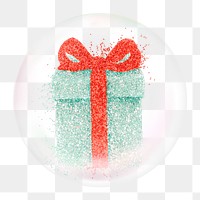 Christmas present png sticker, glittery object in bubble, transparent background