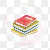 Png watercolor stacked books sticker, education bubble concept art, transparent background