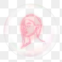 Woman portrait png sticker, neon line art in bubble, transparent background