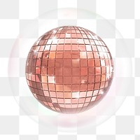 Png rose gold disco  ball sticker, party decor in bubble, transparent background