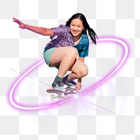 Girl skateboarding png, sports technology digital sticker in transparent background